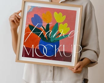Holding Frame Mockup, Frame Mockup with Person, Square Ratio, Thin Wood Frame, Print Poster, Artwork Display, Template, PSD, Photopea