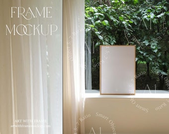 Scandi Frame Mockup psd Natural Light Vertical Wood Print Poster Minimalist Artwork Mockup Photoshop Template Japandi Interior Room DIN