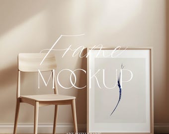 Frame Mockup with Chair, Minimal Mockup, DIN A Ratio, Neutral Beige Tone, Poster Print, Wall art, Photoshop, Simple Artwork Template, Light