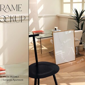 Frame Mockup Natural Light Glass Reflection Living Room Mockup Styled Modern Interior Vertical Wood Print Poster Realistic Mockup Photoshop