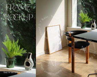 Interior Frame Mockup psd Natural Light Vertical Wood Frame Print Poster Minimalist Bright Mockup Photoshop Templete Simple Japandi Room