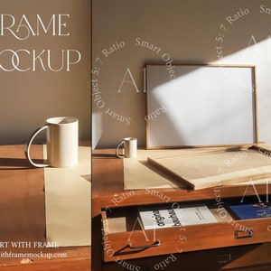 Frame Mockup Natural Light Shadow Horizontal Landscape Wood Frame Print Poster Photoshop Template Wall art Artwork Display psd Interior Room