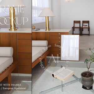 Interior Frame Mockup Living Room Glass Reflection A1 Modern Vertical Thin Wood Scandinavian Nordic Apartment Print Poster Wall art Display