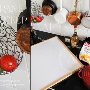 Kitchen Aesthetic Frame Mockup Close up Natural Light Wood Frame Print Poster Mockup Vertical A1 Photoshop Template Paris Food Smart Object