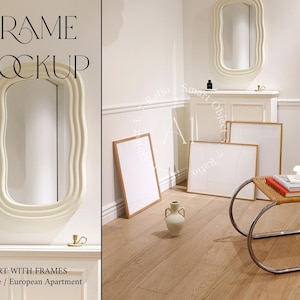 May include: A white room with a white chair and several frames. The frames are empty and have a light wood finish. The chair is a modern design with a woven seat and metal legs. The room has white walls and a white floor. The text "FRAME MOCKUP" is visible in the image.
