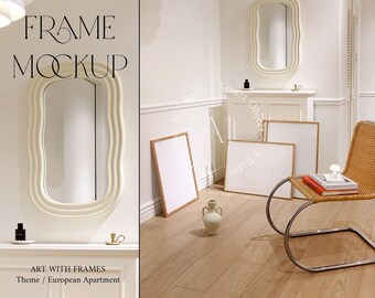 Styled 3 Frame Living Room Mockup Minimalistic Styled Interior Scandinavian Modern Vertical Wood A1 Frame Wall art PSD Nordic Photoshop PSD