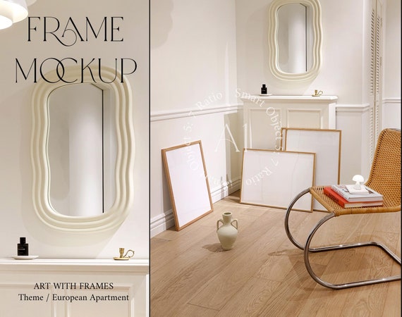 Styled 3 Frame Living Room Mockup Minimalistic Styled Interior Scandinavian Modern Vertical Wood A1 Frame Wall art PSD Nordic Photoshop PSD