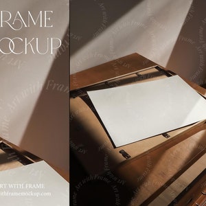 Puede incluir: Una hoja de papel blanca se coloca sobre un marco de madera, listo para que se coloque una obra de arte en su interior. El marco está sobre una mesa de madera con un cajón. El texto "FRAME MOCKUP" es visible en la esquina superior izquierda de la imagen.