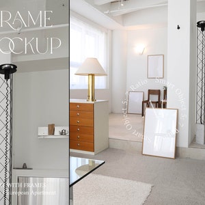 Interior Frame 3 Mockup A1 Gallery Living Room Scandinavian Modern Vertical Wood Styled Print Poster Templete Wall art Glass Reflection