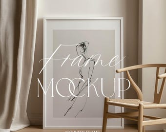 Frame Mockup with Chair, Scandinavian Mockup, DIN A Ratio, Neutral Beige Tone, Poster Print, Wall art, Photoshop, Photopea Template, Simple