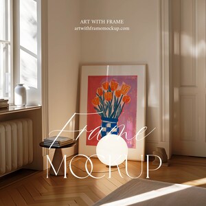 Frame Mockup on floor, ISO A DIN Ratio, Thin Wood Frame, Natural Light, PSD Photoshop Template Photopea, Home Interior, Print Poster Artwork