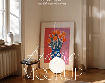 Frame Mockup on floor, ISO A DIN Ratio, Thin Wood Frame, Natural Light, PSD Photoshop Template Photopea, Home Interior, Print Poster Artwork