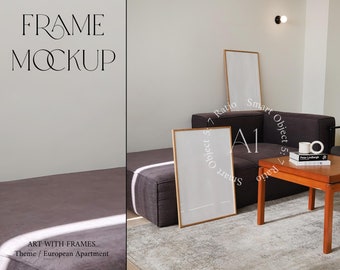 Two Frames Mockup 2 Vertical Wood Frame mockup Scandinavian Interior Mockup Mid Century Modern Living Room Print Poster Duo PSD Photoshop