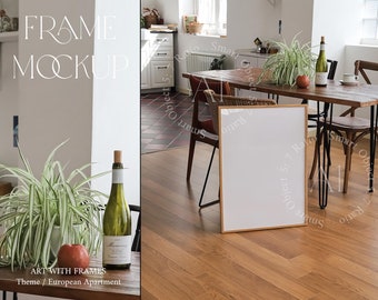 Single Frame Mockup A1 5x7 Vertical Wood Frame Scandinavian Apartment Kitchen Styled Paris Interior Print Poster Natural Mockup PSD boho
