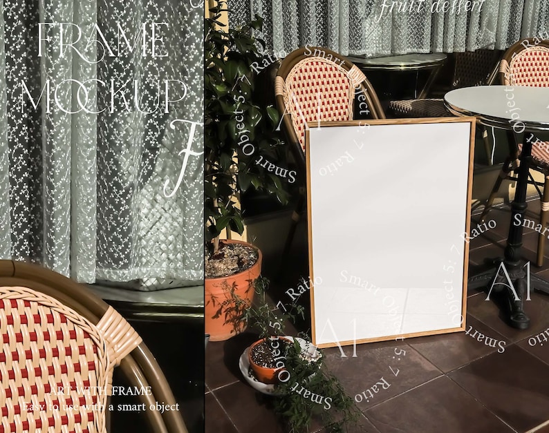 May include: A white frame mockup with a wooden frame, sitting on a tiled floor in front of a cafe table and chairs. The frame is a smart object, meaning you can easily add your own design or image.