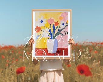 Outdoor Poster Frame Mockup – Vertical Wooden Frame in Floral Field with Natural Light, Spring Boho Art Mockup for Product Display, 4x5