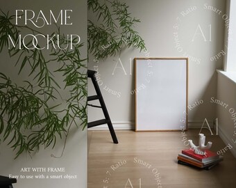 Japandi Frame Mockup Wood Frame 50x70 Scandinavian Room Natural Light Vertical Print Poster Minimalistic Minimalist Photoshop Templete