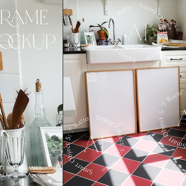 2 Frame Mockup Paris Cuisine Intérieur Deux Vertical Mince Bois Appartement Imprimer Affiche Lumière Naturelle Verre Réflexion Lumineux Maquette PSD