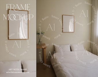 Bedroom Frame Mockup Minimalistic Interior Glass Scandinavian Vertical Wood Wall art Print Poster Scandi Smart Object DIN A Artwork Display