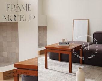 Interior Frame Mockup Realistic Mockup Vertical Frame Mockup Minimalist Mockup Gallery Print Poster PSD Photoshop Living Room Smart Object