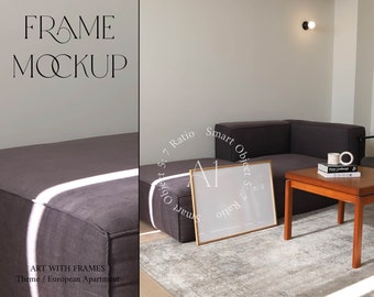 Horizontaler Rahmen Mockup Landschaft Holzrahmen Mockup Glas Spiegelung Wohnzimmer Skandinavisch Modern Minimalist Poster PSD Photoshop Mockup