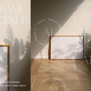Minimalistic Landscape Frame Mockup Natural Light Scandinavian Horizontal Wood Frame mockup Apartment Print Poster Shadow Mockup PSD Simple