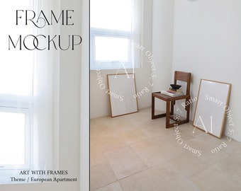 Two Frame Mockup Minimalist White Interior Neutral 2 Vertical Wood Frame Template Artwork Print Poster Natural Mockup duo PSD Smart Object