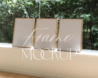 Set of 3 Frame Mockup, Simple, ISO A DIN Ratio, Natural Light, Vertical Wood Frame, Print Poster Template, Artwork Display, Smart object