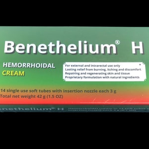 May include: Green and red box with white text that reads "Benethelium&reg; H Hemorrhoidal Cream". The box contains 14 single-use soft tubes with an insertion nozzle, each containing 3 grams of cream. The total net weight is 42 grams (1.5 ounces).