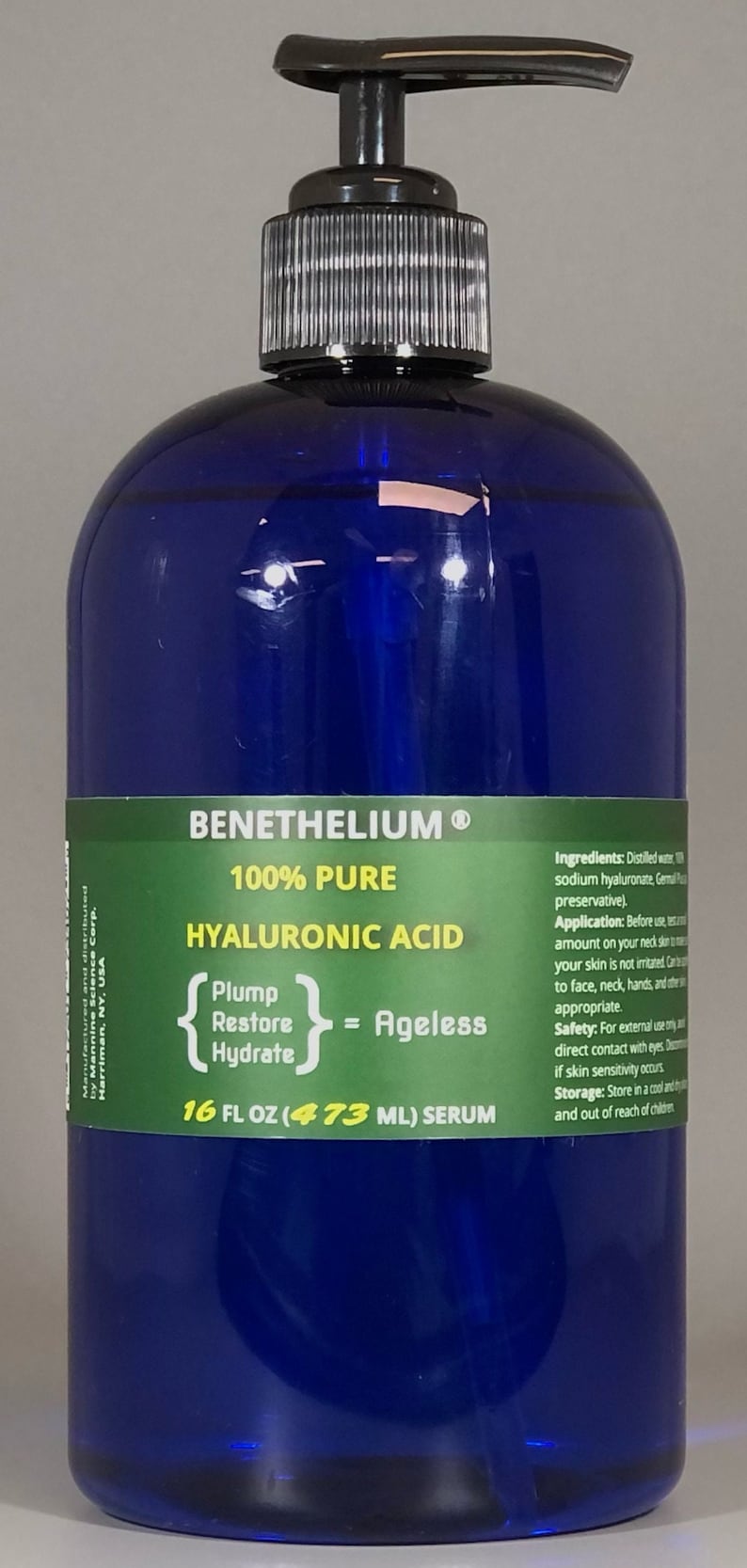 May include: A blue bottle of 100% pure hyaluronic acid serum with a pump dispenser. The label reads "BENETHELIUM&reg; 100% PURE HYALURONIC ACID {Plump Restore Hydrate} = Ageless 16 FL OZ (473 ML) SERUM".
