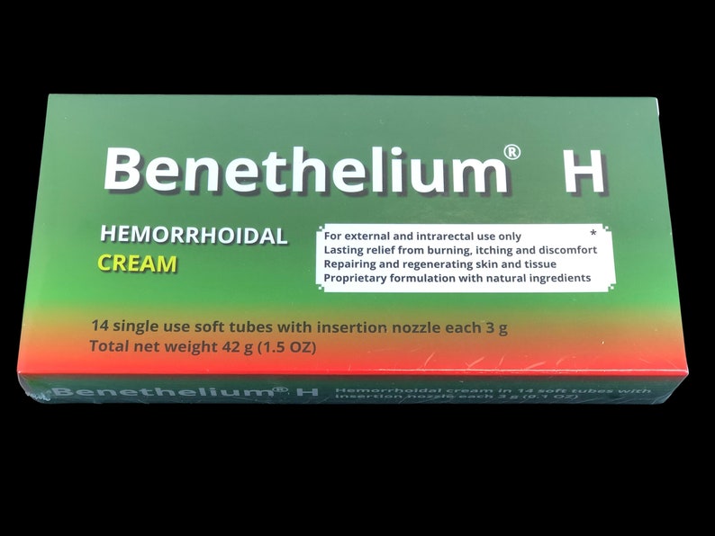 May include: Green and red box with white text that reads "Benethelium&reg; H Hemorrhoidal Cream". The box contains 14 single-use soft tubes with an insertion nozzle, each containing 3 grams of cream. The total net weight is 42 grams (1.5 ounces).