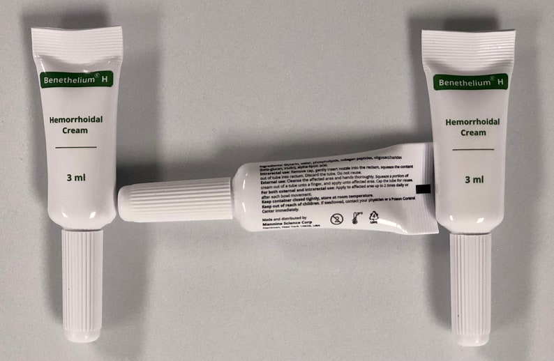 May include: Three white tubes of hemorrhoidal cream labeled "Benethalium H Hemorrhoidal Cream 3 ml"
