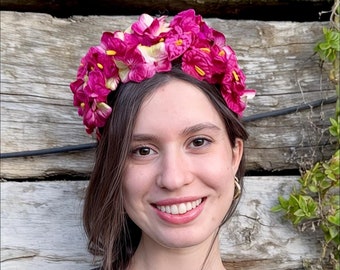 VELVET FLOWER HEADBAND bougainvillea and yellow - Serre-tête fleurs de velours bougainvilliers - Fuchsia velvet width headband flower crown