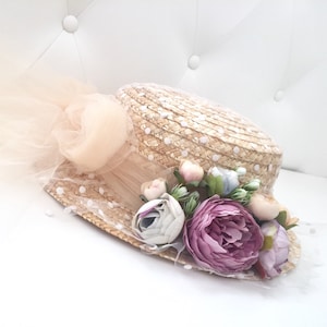 Canotier plumeti lazo y flores Straw boater hat tulle and flowers Canotier tule at fleurs zdjęcie 1