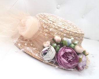 Canotier plumeti bow and flowers - Straw boater hat tulle and flowers - Canotier tule at fleurs