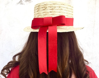 Canotier red velvet hanging bow - Straw hat with tie