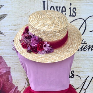 カノティエ つば広バーガンディとモーブのチュール - Chapeau canotier à Large bord avec tulle et fleurs