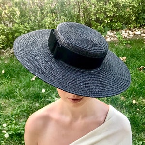 Canotier wide brim black - Canotier "plat" noir à long bord - Wide-Brimmed and flat crown Black Straw Hat