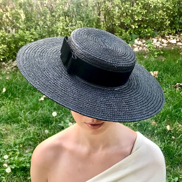 Canotier wide brim black - Canotier "plat" noir à long bord - Wide-Brimmed and flat crown Black Straw Hat