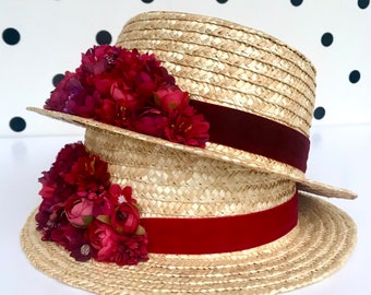 CANOTIER FLORES red and burgundy - Boater straw hat red flowers - Chapeau de plaisancier canotier fleurs rouge