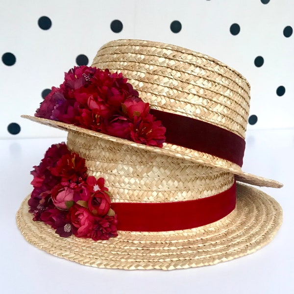 CANOTIER FLORES red and burgundy - Boater straw hat red flowers - Chapeau de plaisancier canotier fleurs rouge