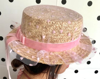 Canotier plumeti pink hearts - STRAW HAT PLUMETI pink hearts - chapeau de plaisancier coeurs roses