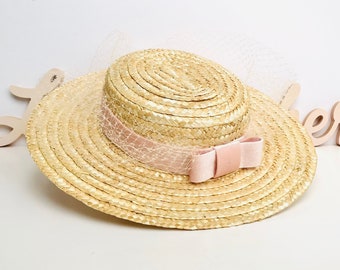 Canotier "plato" ala ancha y velo rosa - Canotier "plat" aile large rose - Wide-Brimmed and flat crown Pale Pink Straw Hat