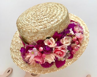 CANOTIER FLOWERS FUCHSIA, roos en bougainvillea - Chapeau canotier fleurs fuchsia, rose et bougainvillier