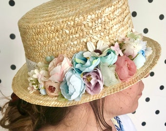 CANOTIER WILD FLOWERS and crochet - Chapeau canotier fleurs sauvages et crochet - Wildflowers and crochet straw hat