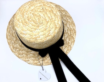 Canotier black velvet hanging bow - Straw hat with black tie