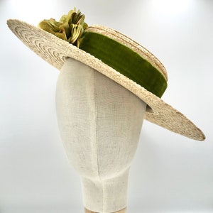 Canotier plat wide brim olive green Canotier plat aile large vert olive Wide-Brimmed and flat crown Straw Hat image 1