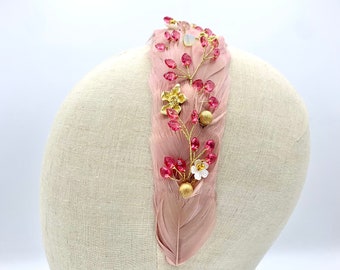 Diadema joya plumas rosa - Coiffe bandeau serre tête plumes rose - HEADBAND FASCINATOR  pink feathers