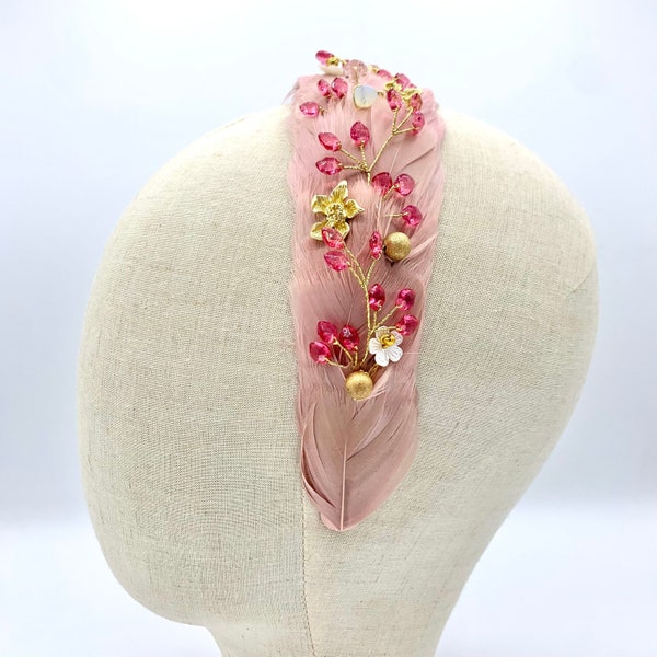 Pink feather jewel headband - Coiffe bandeau serre tête plumes rose - HEADBAND FASCINATOR pink feathers