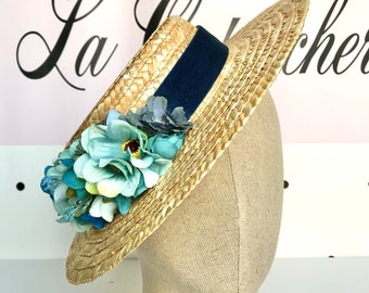 Canotier "plat" wide brim blue - Canotier "plat" aile large bleu - Wide-Brimmed and flat crown Straw Hat